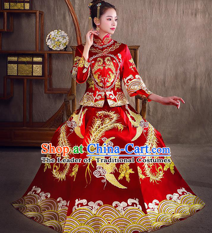 Traditional Chinese Bridal Costumes Ancient Bride Red Longfeng Flown Toast Clothing Wedding Embroidered Phoenix XiuHe Suit for Women