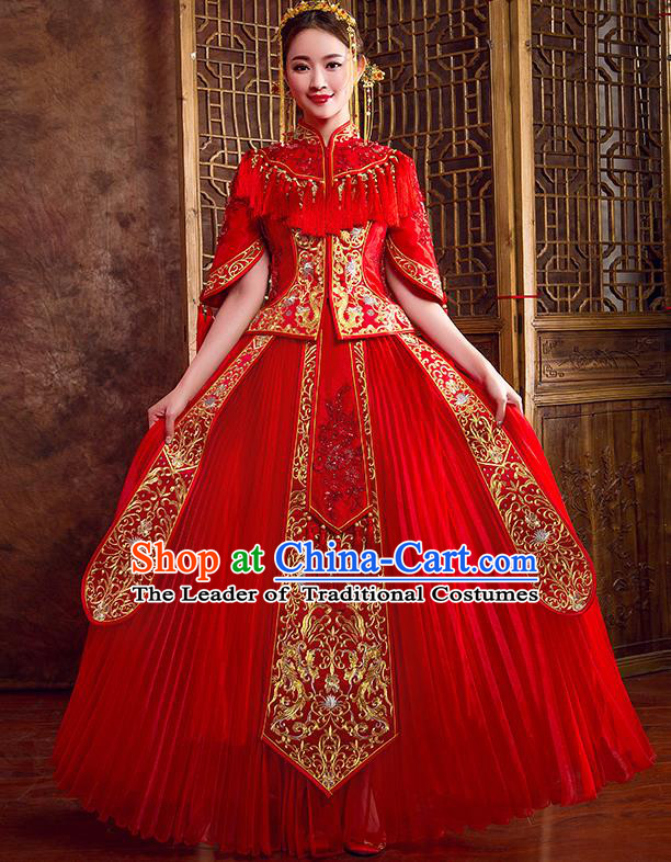 Traditional Chinese Wedding Bridal Costumes Ancient Bride Red Embroidered Full Dress XiuHe Suit for Women