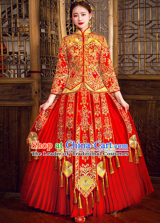 Traditional Chinese Female Wedding Costumes Ancient Embroidered Full Dress Red XiuHe Suit for Bride