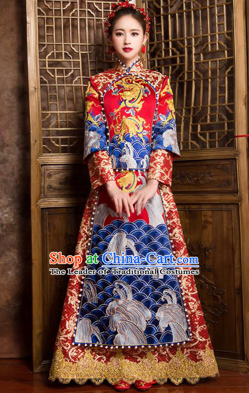 Traditional Chinese Bridal Costumes Ancient Bride Wedding Embroidered Dragons XiuHe Suit for Women