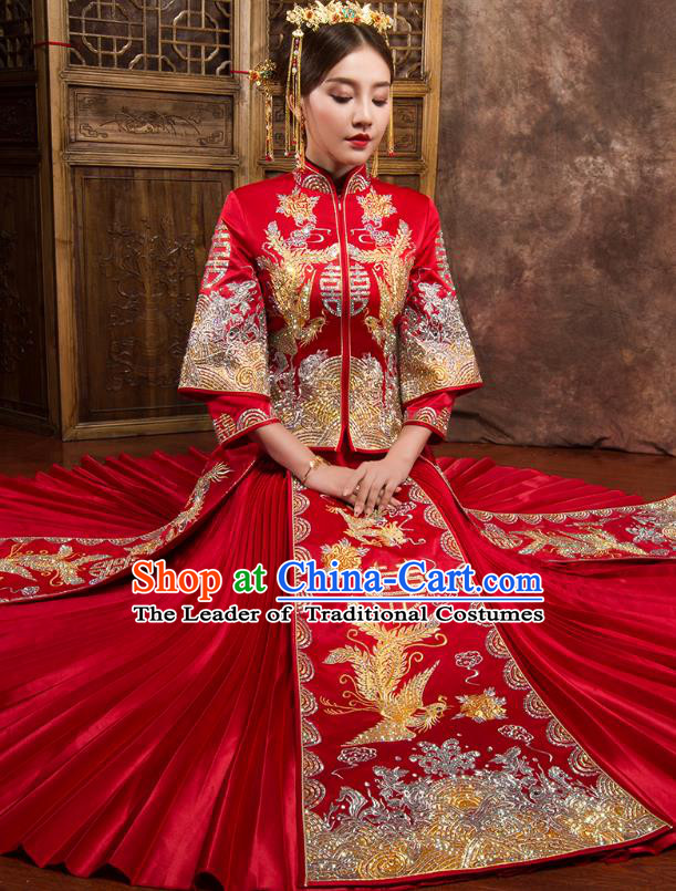 Chinese Traditional Wedding Dress Ancient Bride Embroidered Phoenix Diamante Xiuhe Suit for Women