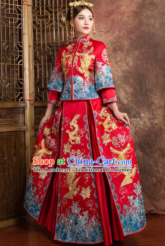 Chinese Traditional Wedding Dress Ancient Bride Embroidered Dragon Phoenix Diamante Xiuhe Suit for Women