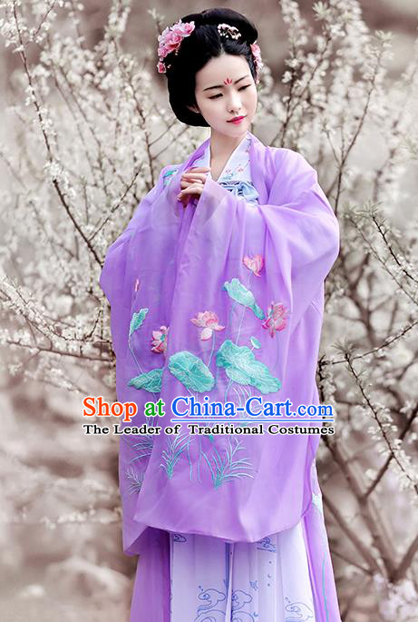 Traditional Chinese Tang Dynasty Imperial Consort Hanfu Dress Ancient Peri Embroidered Lotus Costumes and Headpiece for Women