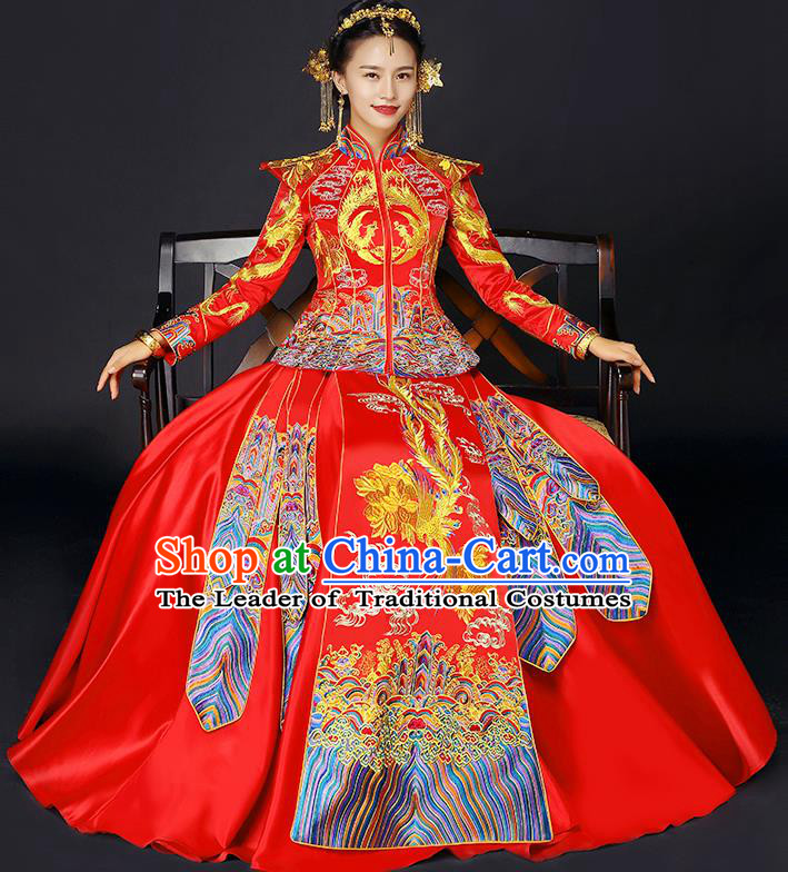 Traditional Chinese Female Wedding Costumes Ancient Red Bottom Drawer Embroidered Phoenix XiuHe Suit for Bride