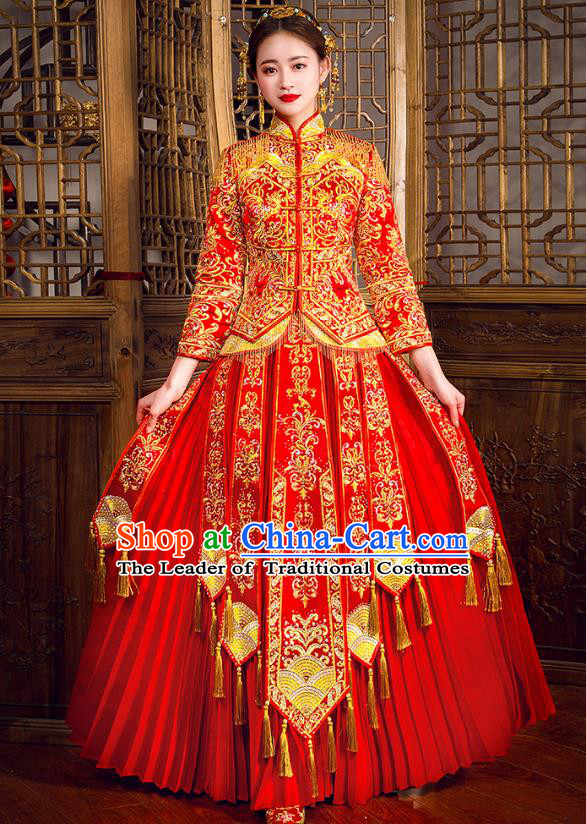 Traditional Chinese Embroidered Peony Diamante Red XiuHe Suit Wedding Costumes Full Dress Ancient Bottom Drawer for Bride