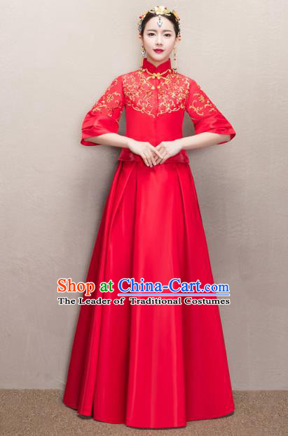 Chinese Ancient Wedding Costumes Bride Formal Dresses Embroidered Red XiuHe Suit for Women