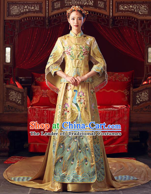 Chinese Ancient Bottom Drawer Traditional Wedding Costumes Embroidered Trailing Golden XiuHe Suit for Women