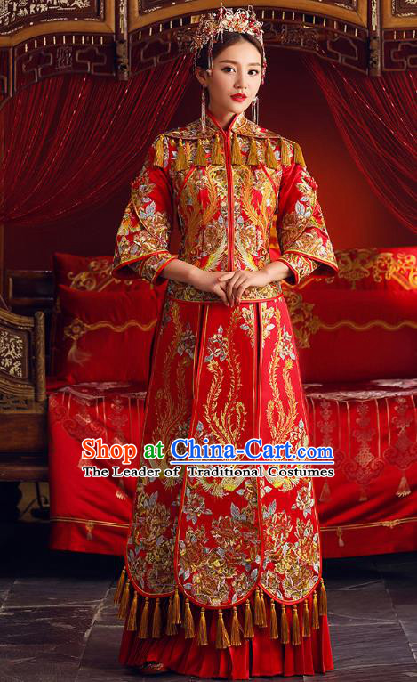 Chinese Ancient Bride Formal Dresses Embroidered Phoenix Cheongsam XiuHe Suit Traditional Wedding Costumes for Women