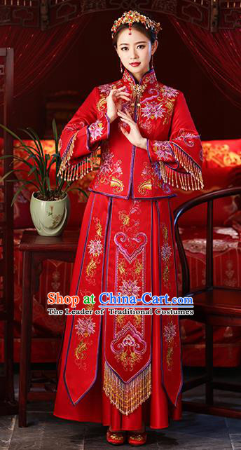 Chinese Ancient Embroidered Wedding Costumes Bride Red Formal Dresses Tassel XiuHe Suit for Women
