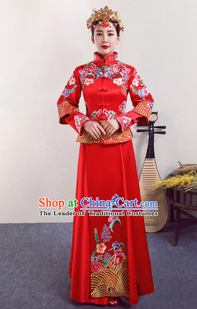Chinese Ancient Wedding Costumes Bride Red Formal Dresses Embroidered Peony XiuHe Suit for Women