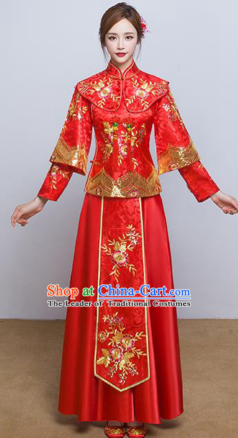 Chinese Ancient Wedding Costumes Bride Red Formal Dresses Embroidered Flowers XiuHe Suit for Women
