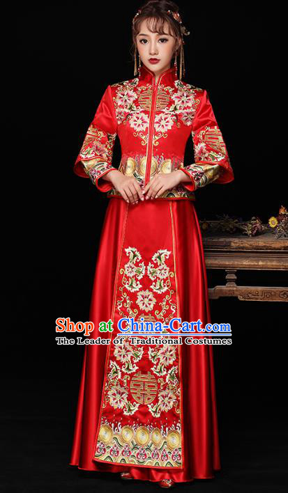 Chinese Ancient Wedding Costumes Bride Formal Dresses Embroidered Lotus Longfenggua XiuHe Suit for Women