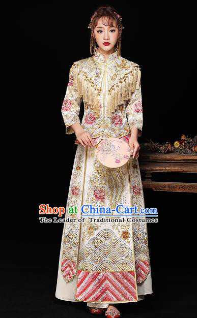 Chinese Ancient Bride Formal Dresses Wedding Costume Embroidered White Cheongsam XiuHe Suit for Women