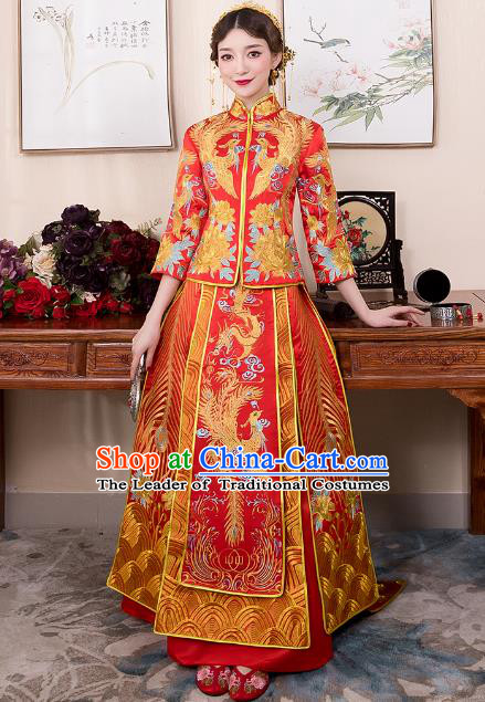 Chinese Ancient Bride Red Trailing Formal Dresses Wedding Costume Embroidered Phoenix Cheongsam XiuHe Suit for Women