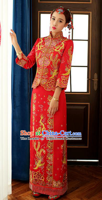 Chinese Ancient Bride Formal Dresses Wedding Costume Embroidered Dragon Phoenix Longfenggua XiuHe Suit for Women