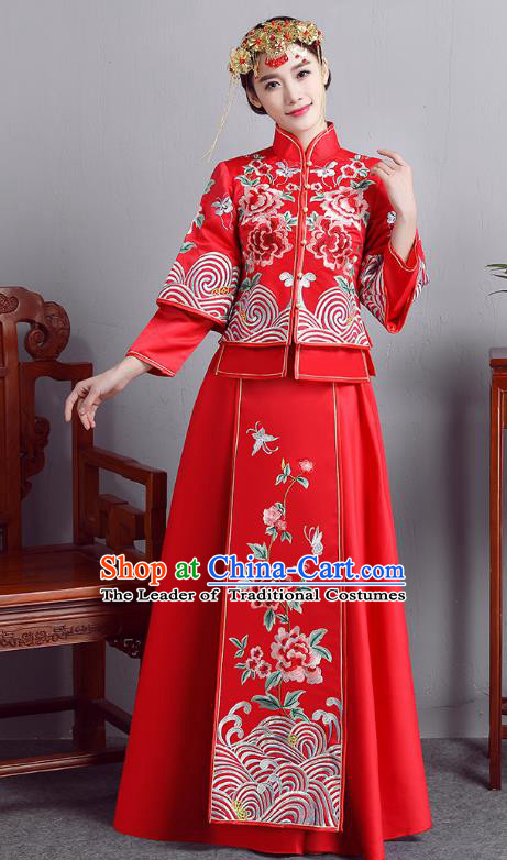 Chinese Ancient Bride Formal Dresses Wedding Costume Embroidered Peony Red Longfenggua XiuHe Suit for Women