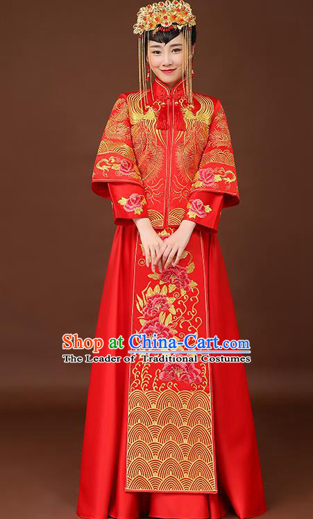 Chinese Traditional Wedding Dress Embroidered Phoenix Peony Red XiuHe Suit Ancient Bride Cheongsam for Women