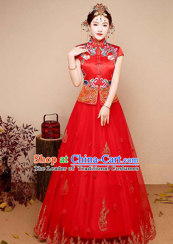 Chinese Traditional Wedding Costume XiuHe Suit Ancient Bride Embroidered Toast Formal Dress for Women