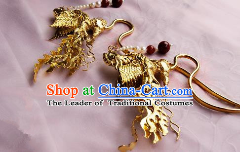 Chinese Traditional Hair Accessories Ancient Empress Golden Crane Tassel Hairpins for Women