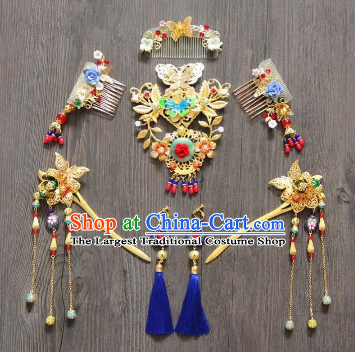 Top Grade Chinese Wedding Hair Accessories Ancient Bride Tassel Hairpins Hair Combs Complete Set for Women