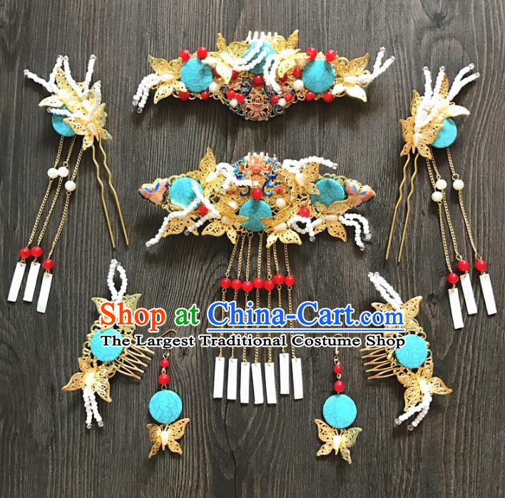 Top Grade Chinese Wedding Hair Accessories Ancient Bride Tassel Butterfly Hairpins Hair Combs Complete Set for Women