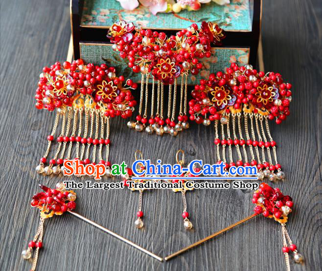 Top Grade Chinese Wedding Bride Hair Accessories Ancient Red Beads Hairpins Complete Set for Women