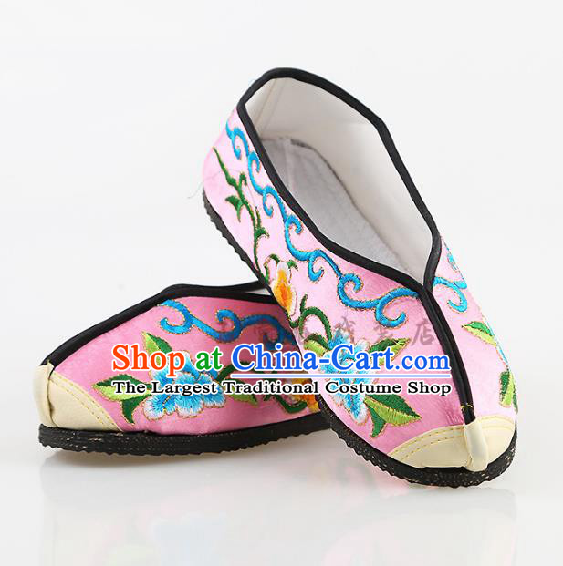 Chinese Traditional Beijing Opera Embroidered Shoes Peking Opera Diva Pink Cloth Shoes for Women