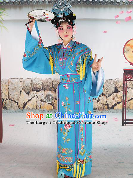 Professional Chinese Beijing Opera Diva Embroidered Costumes Palace Princess Blue Dress for Adults