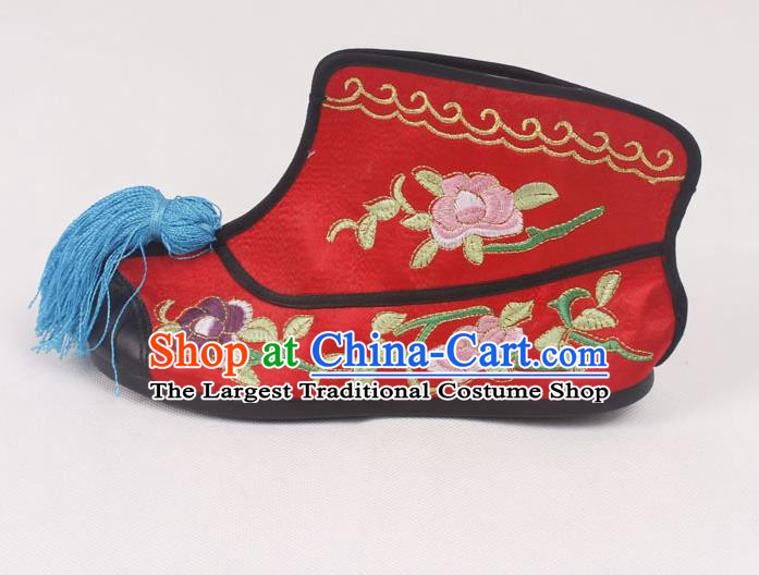 Chinese Traditional Beijing Opera Embroidered Boots Peking Opera Blues Red Cloth Shoes for Women