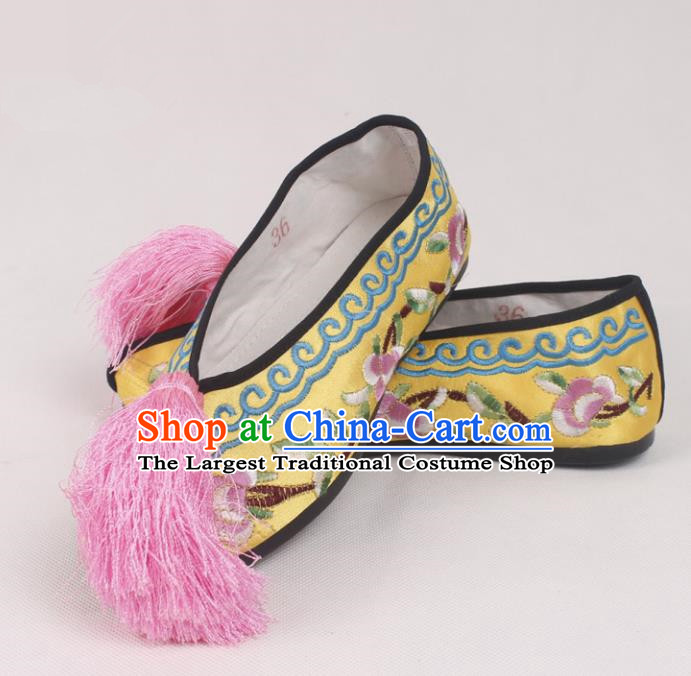 Chinese Traditional Beijing Opera Yellow Embroidered Shoes Peking Opera Diva Blood Stained Shoes for Women
