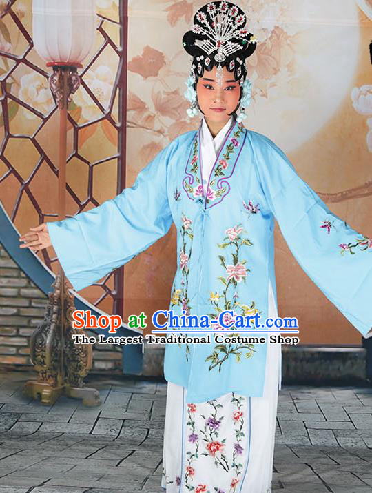 Professional Chinese Beijing Opera Actress Embroidered Peony Light Blue Costumes for Adults