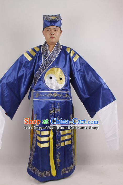 Professional Chinese Peking Opera Strategist Costume Embroidered Blue Robe and Hat for Adults