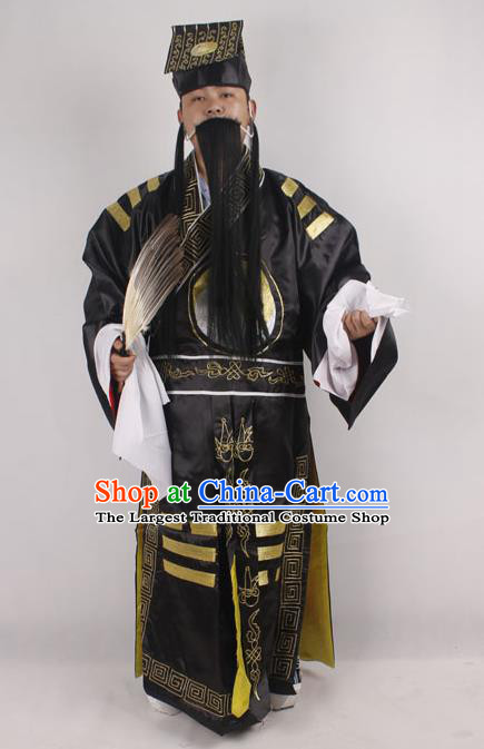Professional Chinese Peking Opera Strategist Costume Embroidered Black Robe and Hat for Adults