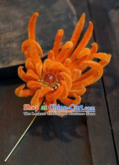Chinese Handmade Ancient Hair Accessories Qing Dynasty Princess Orange Velvet Chrysanthemum Hairpins for Women