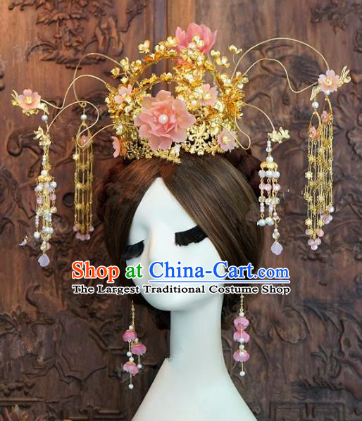 Chinese Handmade Ancient Pink Peony Phoenix Coronet Wedding Hair Accessories Hairpins Complete Set for Women