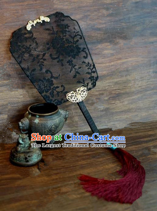 Top Grade Chinese Handmade Palace Fans Ancient Black Lace Round Fans for Women