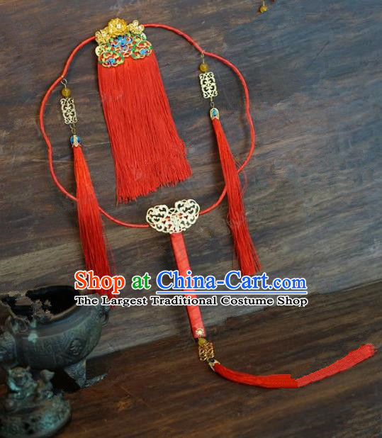 Top Grade Chinese Handmade Palace Fans Ancient Wedding Red Tassel Round Fans for Women