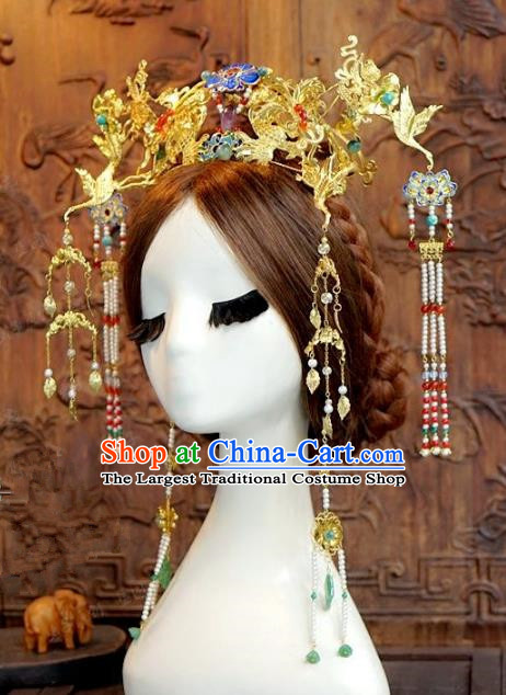Chinese Handmade Wedding Hair Accessories Ancient Crane Phoenix Coronet Hairpins Complete Set for Women