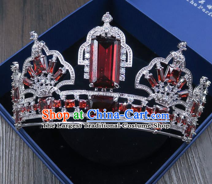 Handmade Baroque Bride Baroque Red Crystal Royal Crown Wedding Queen Hair Jewelry Accessories for Women