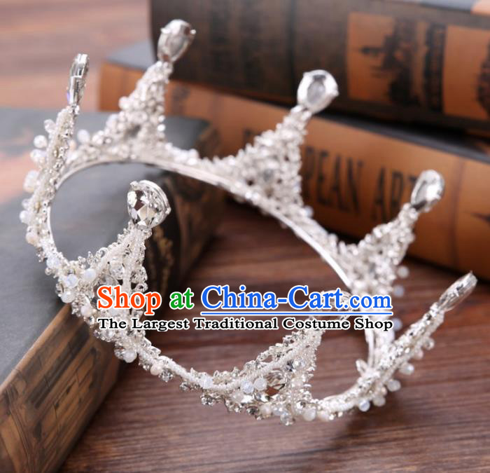 Handmade Baroque Queen Crystal Beads Round Royal Crown Wedding Bride Hair Jewelry Accessories for Women