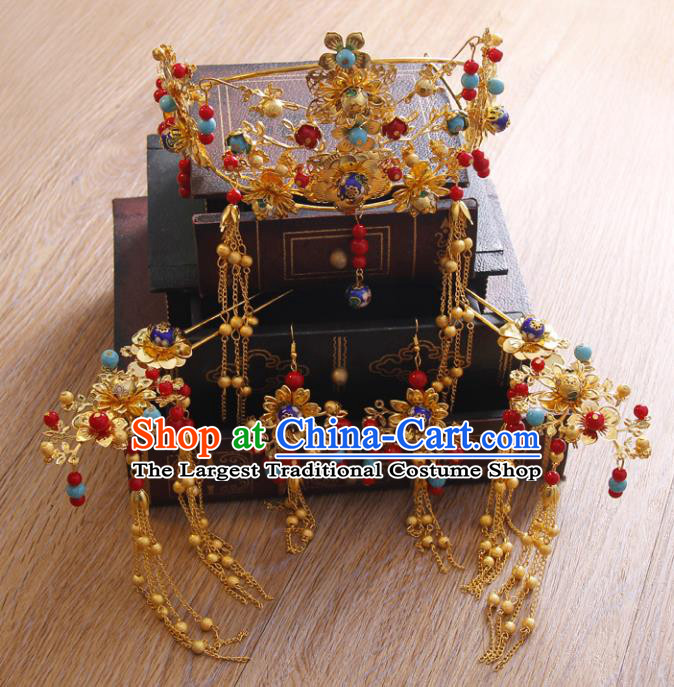 Chinese Ancient Handmade Hairpins Bride Phoenix Coronet Hair Accessories Complete Set for Women