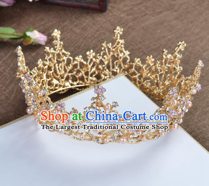 Top Grade Handmade Baroque Bride Golden Round Royal Crown Wedding Hair Jewelry Accessories for Women