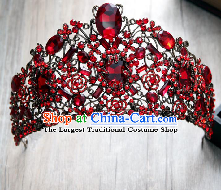 Top Grade Handmade Baroque Bride Red Crystal Royal Crown Wedding Hair Jewelry Accessories for Women