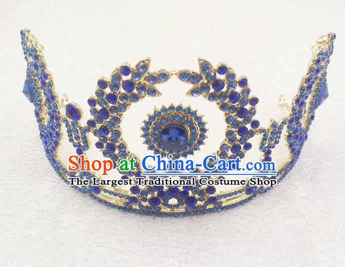 Top Grade Handmade Baroque Blue Crystal Royal Crown Wedding Bride Hair Jewelry Accessories for Women