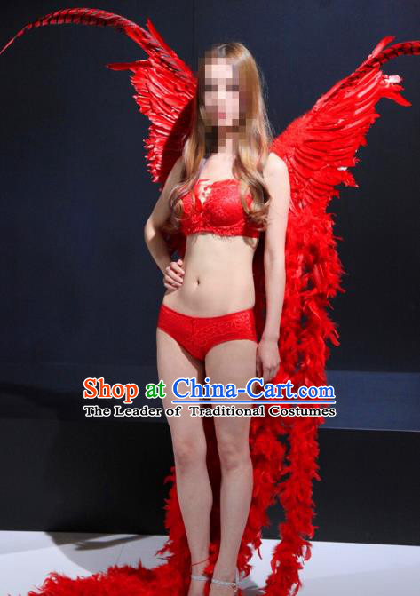 Top Grade Catwalks Swimsuit Red Feather Butterfly Wing Stage Performance Customized Rio Carnival Feather Prop for Women