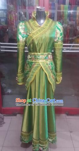 Chinese Traditional Mongolian Folk Dance Costume China Mongol Nationality Green Dress for Women