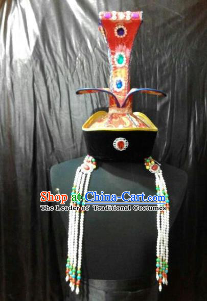Chinese Traditional Mongolian Bride Tassel Hats China Mongol Nationality Wedding Headwear for Women