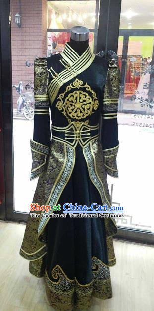 Chinese Traditional Mongolian Folk Dance Black Dress China Mongol Nationality Bride Costume for Women
