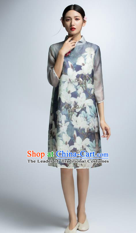 Chinese Traditional Printing Mangnolia Cheongsam Dress China National Costume for Women