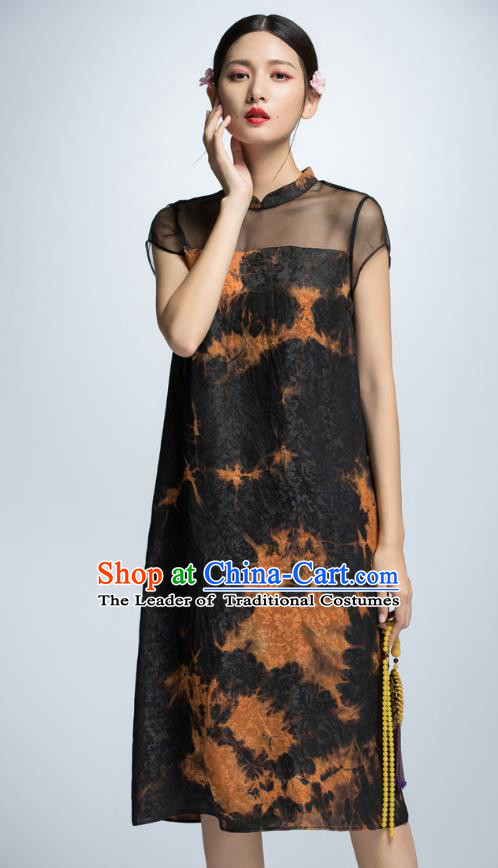Chinese Traditional Printing Black Cheongsam Dress China National Costume for Women
